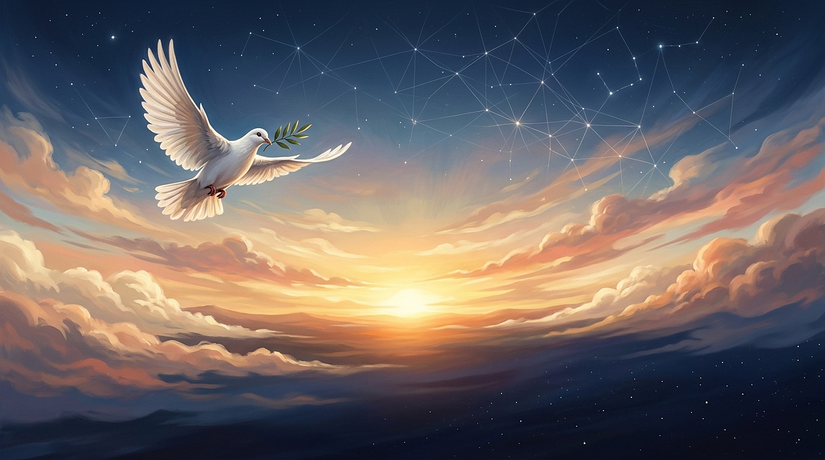 A white dove carrying an olive branch across a dawn sky